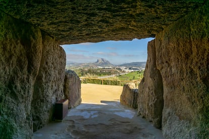 The entrance to the Dolmen of Menga, aligned with Peña de los Enamorados (Lovers' Rock), a mountain near the city of Antequera, in the Spanish province of Málaga.