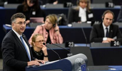 El primer ministro croata, Andrej Plenkovic, durante una sesión del Parlamento Europeo en Estrasburgo este martes.