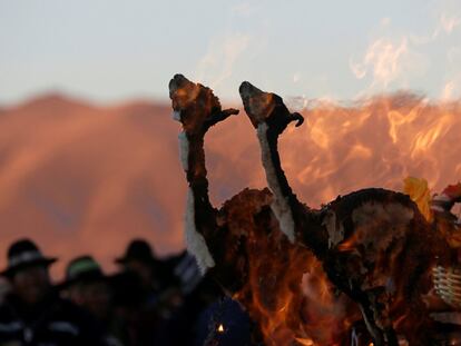 Llama feto como parte de una ofrenda durante una ceremonia que marca el solsticio de invierno, en las ruinas de Tiahuanaco, Bolivia.