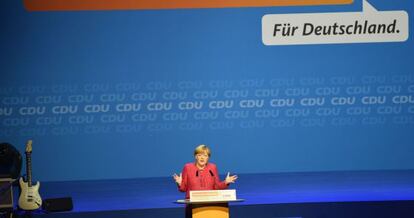 Merkel, este sábado en un mitin en Berlín.