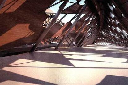 Planta superior del pabellón-puente diseñado por Zaha Hadid como acceso al recinto de la Exposición Internacional que se celebrará en Zaragoza en 2008.