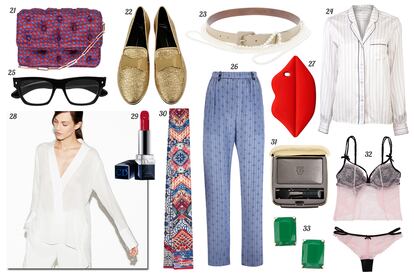 21. Benedetta Bruzziches Bolso de satén estampado con asa de cadena. 22. Giuseppe Zanotti Slippers con lazo de metal en el empeine. 24. Golden Goose Deluxe Brand Camisa de rayas. 25. Saint Laurent Gafas con montura de pasta. 26. Isabel Marant Pantalón de tiro alto. 27. H&M Funda para iPhone en forma de labios. 28. Zara. 29. Dior Barra de labios “Rouge Dior”. 30. Louis Vuitton Foulard de seda estampada. 31. Guerlain Sombra de ojos “Ombré Éclat 1 Shade”. 32. Etam Conjunto de lencería de encaje bicolor. 33. Accesorize Pendientes de rectángulos verdes.