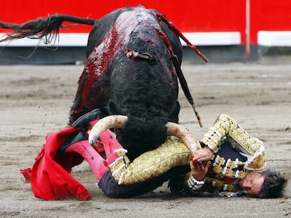 Diego Urdiales, en la cogida que sufrió en su primer toro.