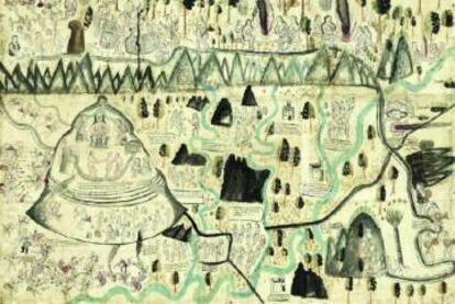 Mapa de Tequaltiche, hecho ahí (Jalisco, México) en 1584, acuarela y tinta sobre papel, 86,3 x 124,5 centímetros.