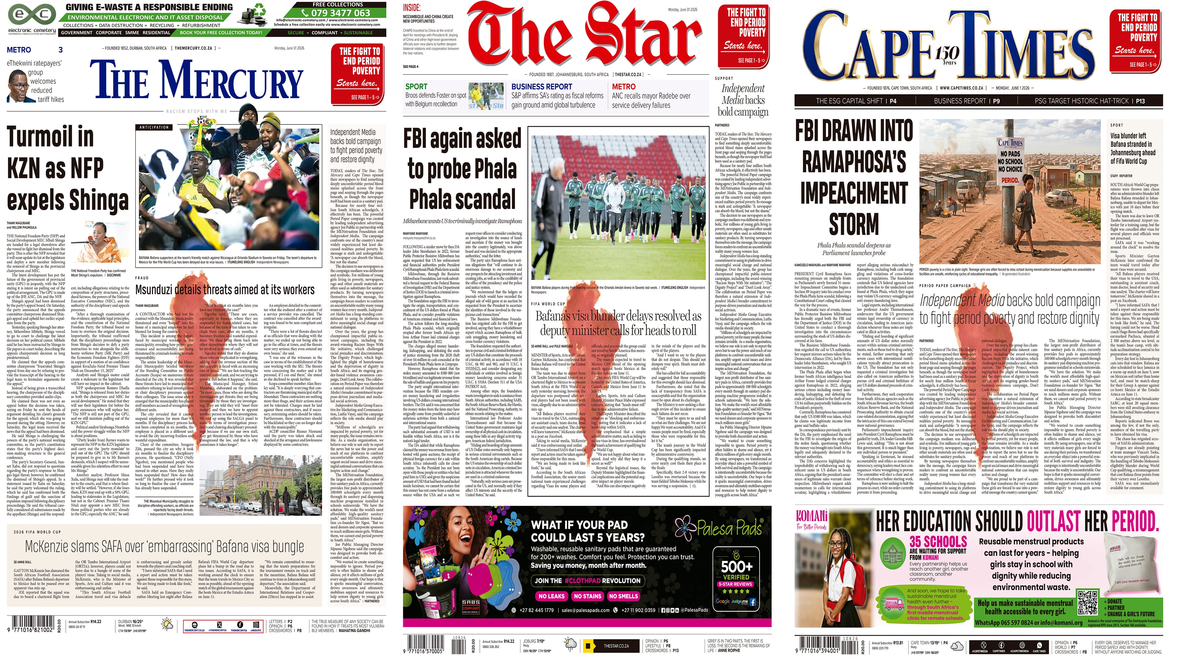 Un goterón de sangre en la portada de tres periódicos de Sudáfrica para alertar sobre la pobreza menstrual