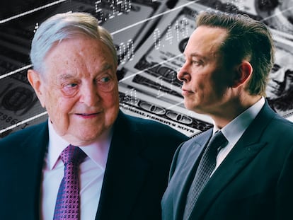 Tesla owner Elon Musk (r) has lashed out against George Soros on Twitter.