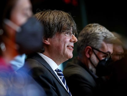 El expresidente de la Generalitat Carles Puigdemont, huido a Bélgica, en una intervención en el Parlamento Europeo en Bruselas el pasado 19 de abril.