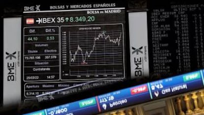 Vista de paneles con valores bursátiles en el Palacio de la Bolsa.