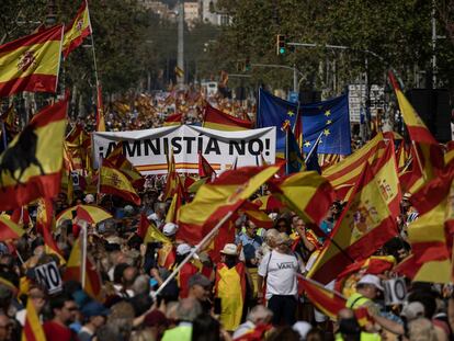 Manifestación convocada por Societat Civil Catalana (SCC) bajo el lema "No en mi nombre. Ni amnistía, ni autodeterminación" contra el pacto de investidura de Pedro Sánchez con Esquerra y Junts.