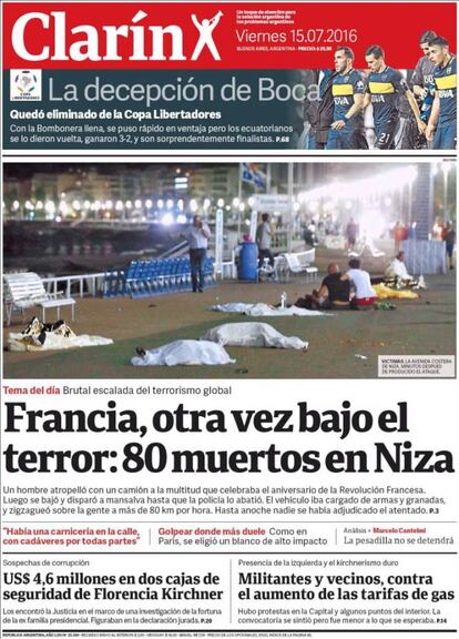 "Francia, otra vez bajo el terror: 80 muertos en Niza", Clarín.