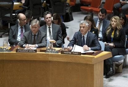 El presidente de Kosovo, Hashim Thaci, este lunes en una reunión del Consejo de Seguridad de la ONU.