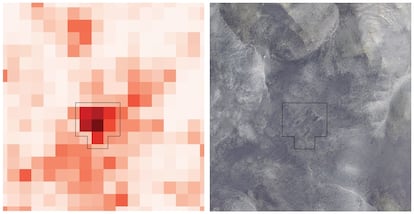 On the left, what the artificial intelligence system sees. On the right, the geoglyph on the ground. The system identified 1,300 candidates for neoglyphs. A quarter of them turned out to be real.