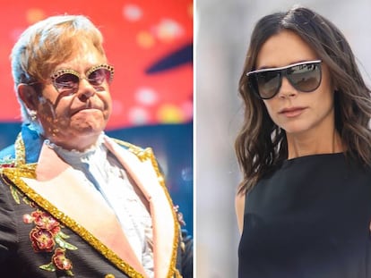 El cantante británico Elton John y la diseñadora y cantante Victoria Beckham.