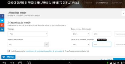 Captura de la web de Tinsa donde se ofrece la posibilidad de saber si se puede o no reclamar por plusvalía.