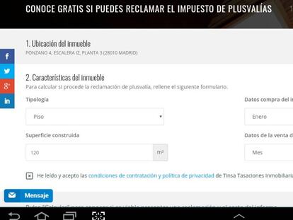Captura de la web de Tinsa donde se ofrece la posibilidad de saber si se puede o no reclamar por plusvalía.
