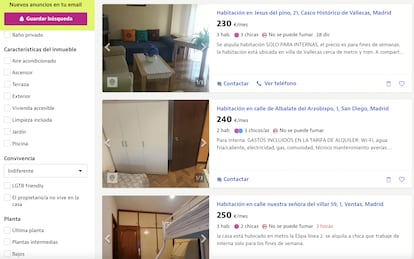 Tres anuncios publicados en el portal inmobiliario Idealista donde se ofrecen habitaciones de alquiler para mujeres que trabajen como internas.