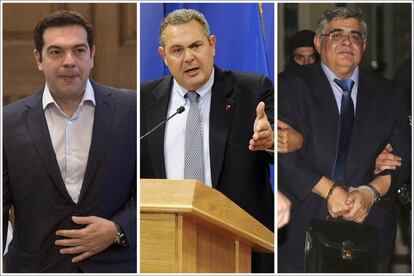 De izquierda a derecha: El Primer Ministro griego y cabeza visible de la formación de izquierda radical Syriza. En el centro: Ministro de defensa griego y líder de la formación Independent Greeks, Panos Kammenos. Líder de la formación neonazi Aurora Dorada, Nikolaos Michaloliakos.