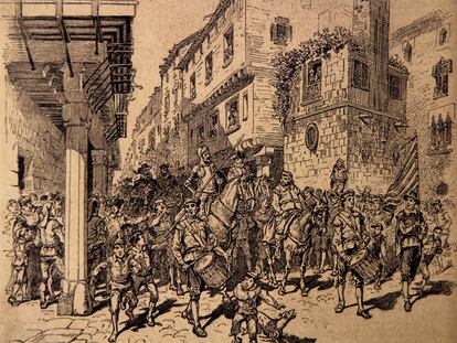 Dibujo de la entrada de don Quijote en Barcelona pintado por Jaume Pahissa Laporta en 1897.