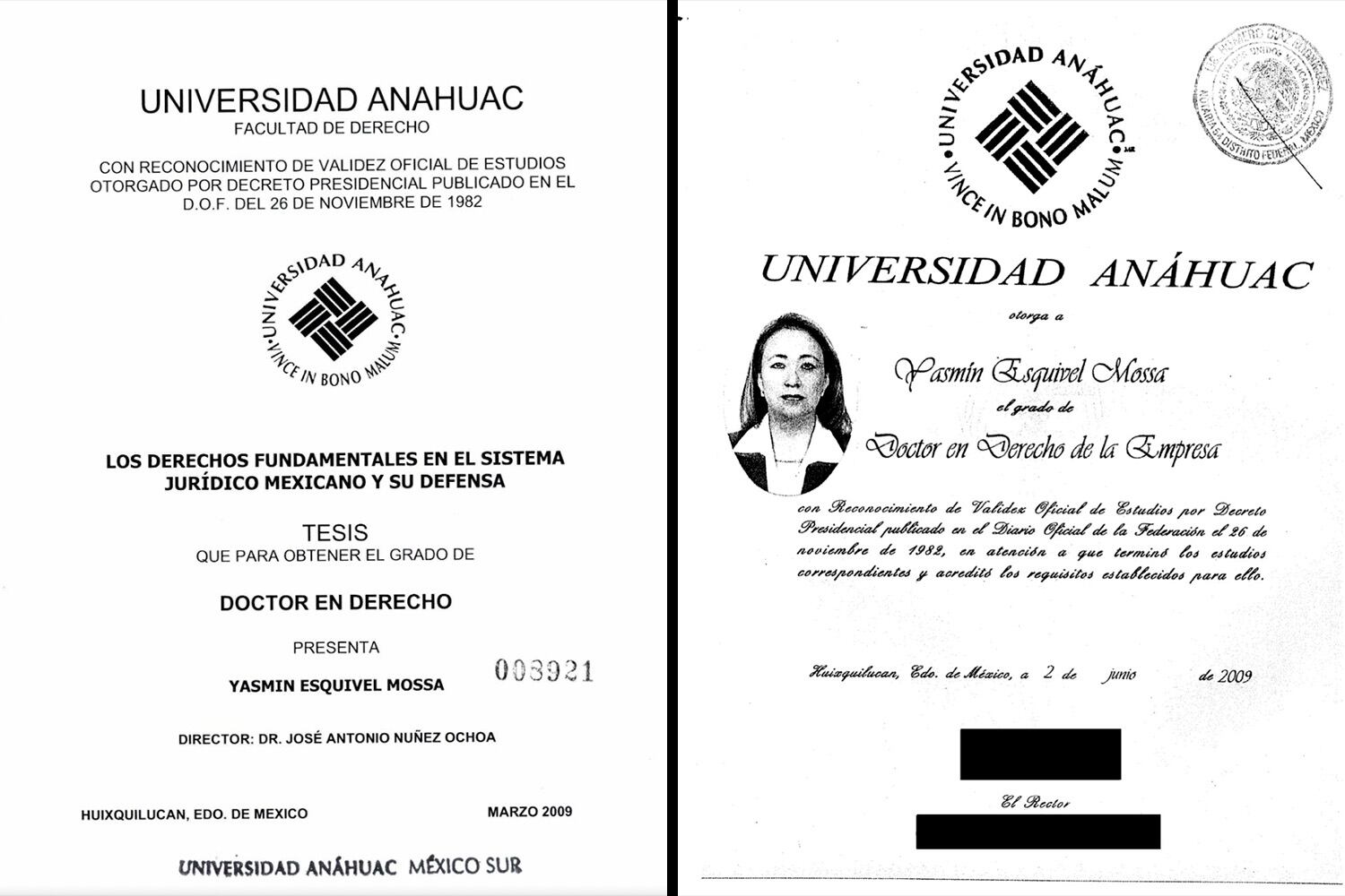 A la izquierda, la tesis de Yasmín Esquivel, y a la derecha, su título expedido por la Universidad Anáhuac.