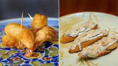 Desde la izquierda, 'pintxo' de gamba con gabardina del bar Paco Bueno y 'pintxo' de anchoas con crema de centollo en el bar Txepetxa, ambos en San Sebastián.