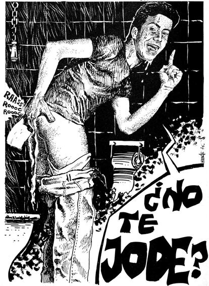 Dibuix d'un noi eixugant-se el cul. Il·lustració de l'any 1976 de Lluís Miracle, del grup de punk Els masturbadors mongòlics. El punk simbolitza el final de la contracultura dels 70.