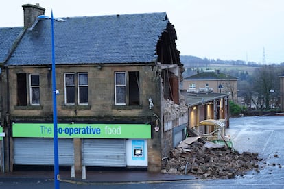 Storm Eowyn damage to the side of the Co-op store in Denny, Stirlingshire, Scotland, as Storm Eowyn hits the country, Friday Jan. 24, 2025. (Jane Barlow/PA via AP)