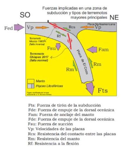 Fuerzas implicadas en una zona de subducción.