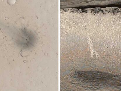 Fotografía de un cráter detectado en la superficie de Marte en 2006 y que no estaba en imágenes tomadas unos años antes (izquierda), y surcos en una ladera que pueden ser debidos a un flujo de agua.
