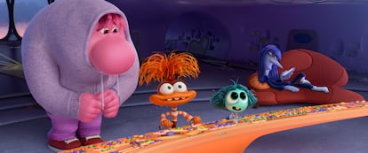 A frame from the film where the four new emotions of 'Inside Out 2' appear: Shame, Anxiety, Envy and Ennui.