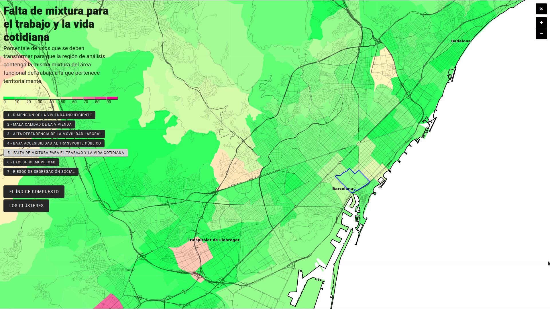 Captura de pantalla del 'Atlas de la nueva vulnerabilidad urbana y social en España' que muestra la falta de mixtura para el trabajo y la vida cotidiana en Barcelona y su área.