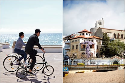 Madre e hijo en bici por Sant Pol de Mar (Barcelona), donde se encuentra el mítico restaurante Sant Pau.