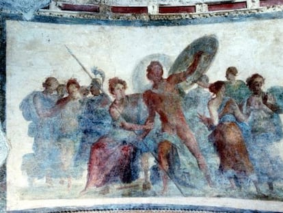 Fresco restaurado de una escena de &#039;La Il&iacute;ada&#039;, en el interior de la Domus A&uacute;rea de Roma, donde vivi&oacute; Ner&oacute;n.
