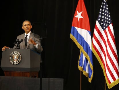 US President Barack Obama addresses the Cuban people at Havana's Grand Theater.