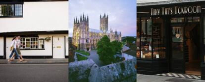 De izquierda a derecha, tres imágenes de Canterbury: casas de estilo Tudor en el centro de la ciudad, la catedral y  el salón de té Tiny Tim's Tearoom.