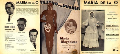 Carátulas de las ediciones de las comedias María de la O y  María Magdalena, que Salvador Valverde y Rafael de León escribieron inspirándose en sus canciones homónimas, y con ilustraciones musicales del maestro Manuel Quiroga. María de la O también fue llevada al cine con Carmen Amaya y Pastora Imperio en 1936.