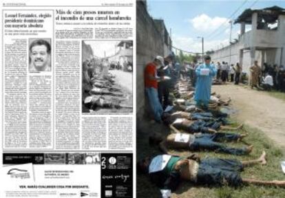 A la izquierda, la información publicada por EL PAÍS en mayo de 2004, con una foto de los fallecidos en el incendio que ocurrió entonces en la cárcel de San Pedro Sula. La imagen pertenece a la misma serie de la que se publicó en la edición de este jueves.