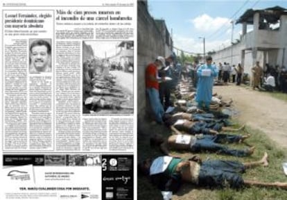 A la izquierda, la información publicada por EL PAÍS en mayo de 2004, con una foto de los fallecidos en el incendio que ocurrió entonces en la cárcel de San Pedro Sula. La imagen pertenece a la misma serie de la que se publicó en la edición de este jueves.