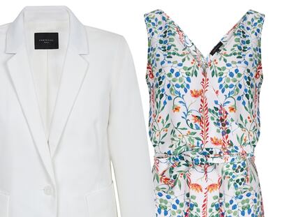ELLA: De arriba abajo, americana blanca (79,99 euros), mono fluido con estampado floral (79,99 euros) y sandalias azul marino (89,99 euros).