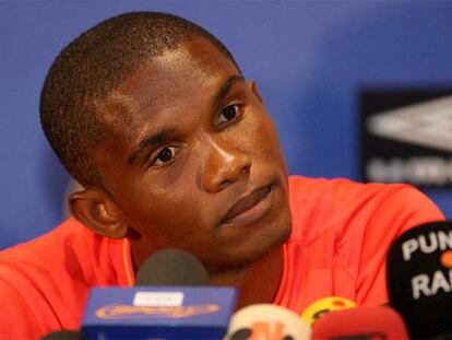 Eto'o, durante la conferencia de prensa que ofreció ayer.