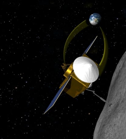 Ilustración de la misión de exploración espacial Osiris-Rex cuyo objetivo será tomar muestras en un asteroide y traerlas a la Tierra.