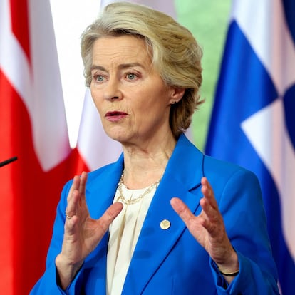 European Commission President Ursula von der Leyen speaks during a press conference with German Chancellor Olaf Scholz (not pictured) at the Berlin Process Summit, in Berlin, Germany, October 14, 2024.   REUTERS/Lisi Niesner