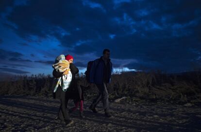 Un grupo de refugiados camina hacia un campo de registro en Gevegelija (Macedonia).