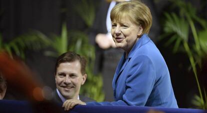 La canciller alemana, Angela Merkel, durante un discurso de Obama en Hannover.