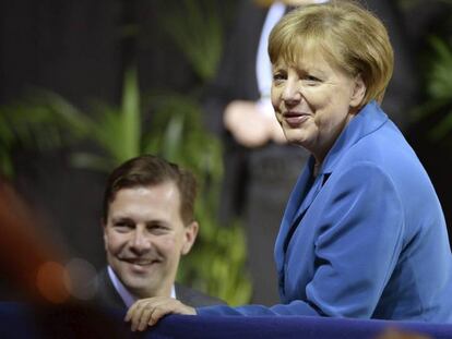 La canciller alemana, Angela Merkel, durante un discurso de Obama en Hannover. 