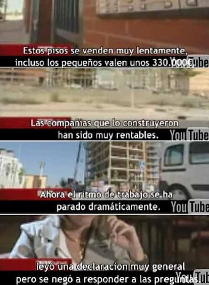 El polémico vídeo de la BBC empieza con unas imágenes de bloques de pisos vacíos en Vallecas para escenificar la caída del sector inmobiliario. El periodista británico habla de las crecientes dificultades para vender viviendas en España. Aparece un promotor y un experto inmobiliario que coinciden en el fin del <i>boom</i> y se quejan de la falta de respuestas del Gobierno. La ministra de Vivienda, Carme Chacón, sólo aparece para decir que hay que terminar la entrevista.