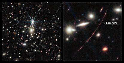 La imagen muestra el cúmulo galáctico masivo WHL0137-08, y a la derecha, la galaxia más magnificada conocida en los primeros mil millones de años de historia del universo, el Arco del Amanecer. Dentro de esa galaxia se encuentra la estrella más distante detectada