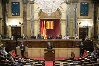 El candidato a presidente de la Generalitat por JxCat, Quim Torra, durante su intervención ante el pleno del Parlament.