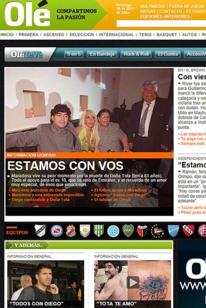 Portada de la edición digital del diario 'Olé'.