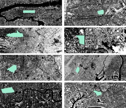 Parques urbanos: morfología de pulmón confinado. De arriba a abajo y de izquierda a derecha: Central (Nueva York), El Retiro (Madrid), Chapultepec (México D.F.), Uhuru (Nairobi), Ibirapuera (Sao Paulo), Yoyogi (Tokio), Hyde (Londres) Royal Botanical (Melbourne)