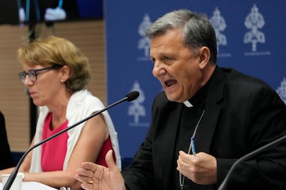 Secretary General of the Synod of Bishops Cardinal Mario Grech, right, delivers his speech during a presentation of the new guidelines for the Synod of Bishops at the Vatican, on June 20, 2023.